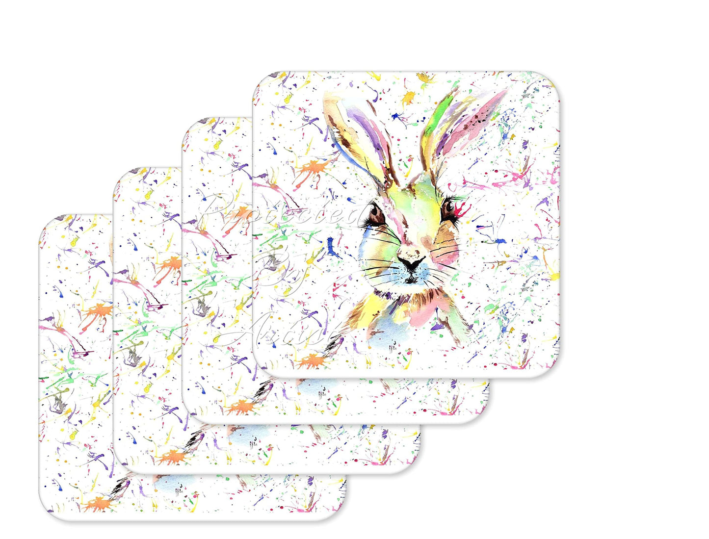 Coaster Hare Bunny Rabbit Wildlife Black white Animals Coasters Watercolour Art Gift Work Office Dining Tea coffee