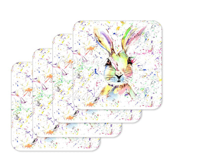 Coaster Hare Bunny Rabbit Wildlife Black white Animals Coasters Watercolour Art Gift Work Office Dining Tea coffee