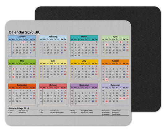 Vixar Calendar 2026 Mouse mat pad for UK with Holiday Non Slip PC Desktop Laptop for office school work home
