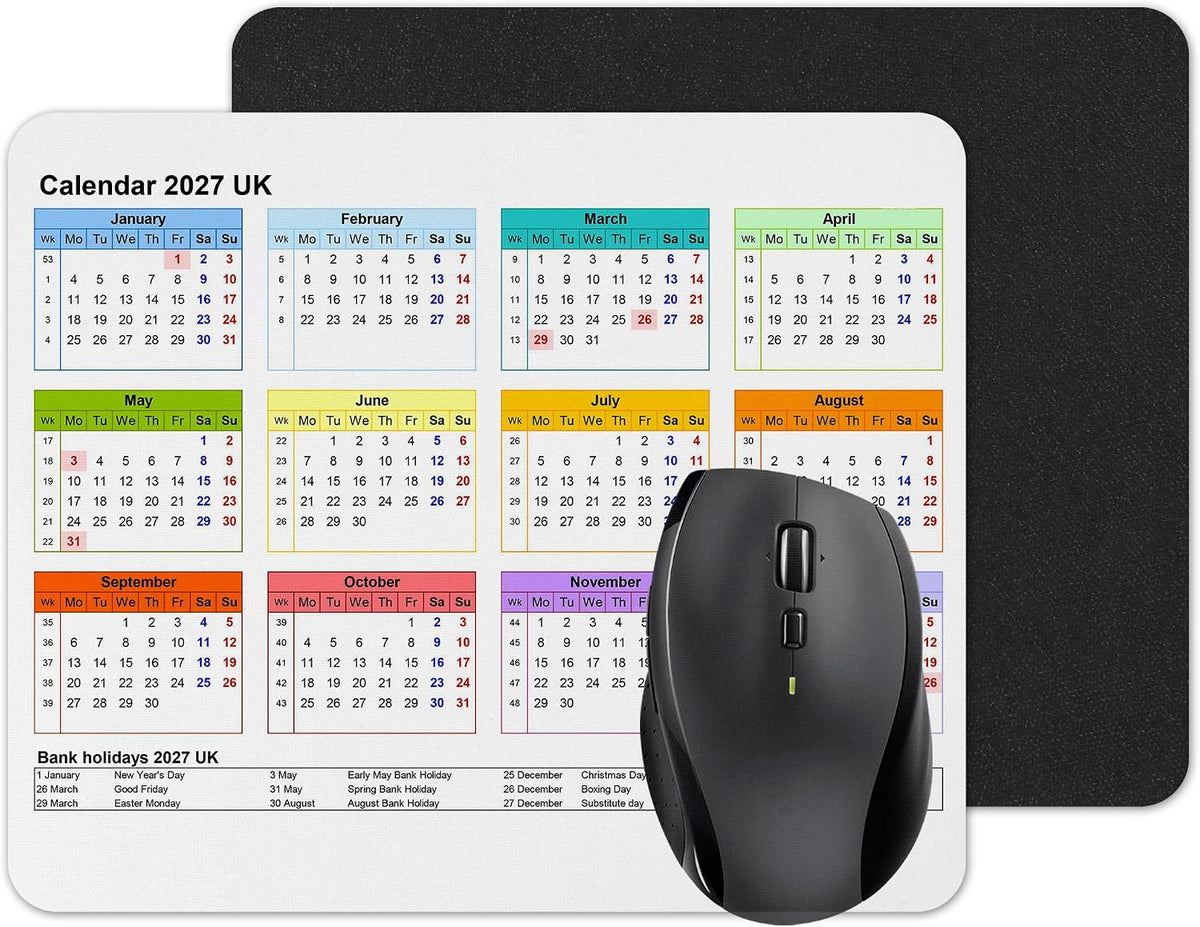 Vixar Calendar 2027 Mouse mat pad for UK with Holiday Non Slip PC Desktop Laptop for office school work home (White)