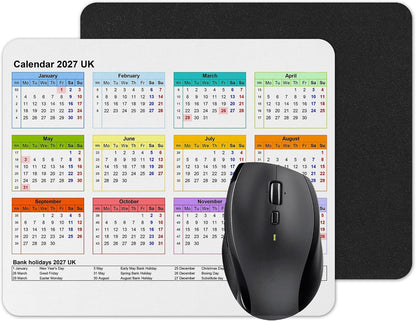 Vixar Calendar 2027 Mouse mat pad for UK with Holiday Non Slip PC Desktop Laptop for office school work home (White)
