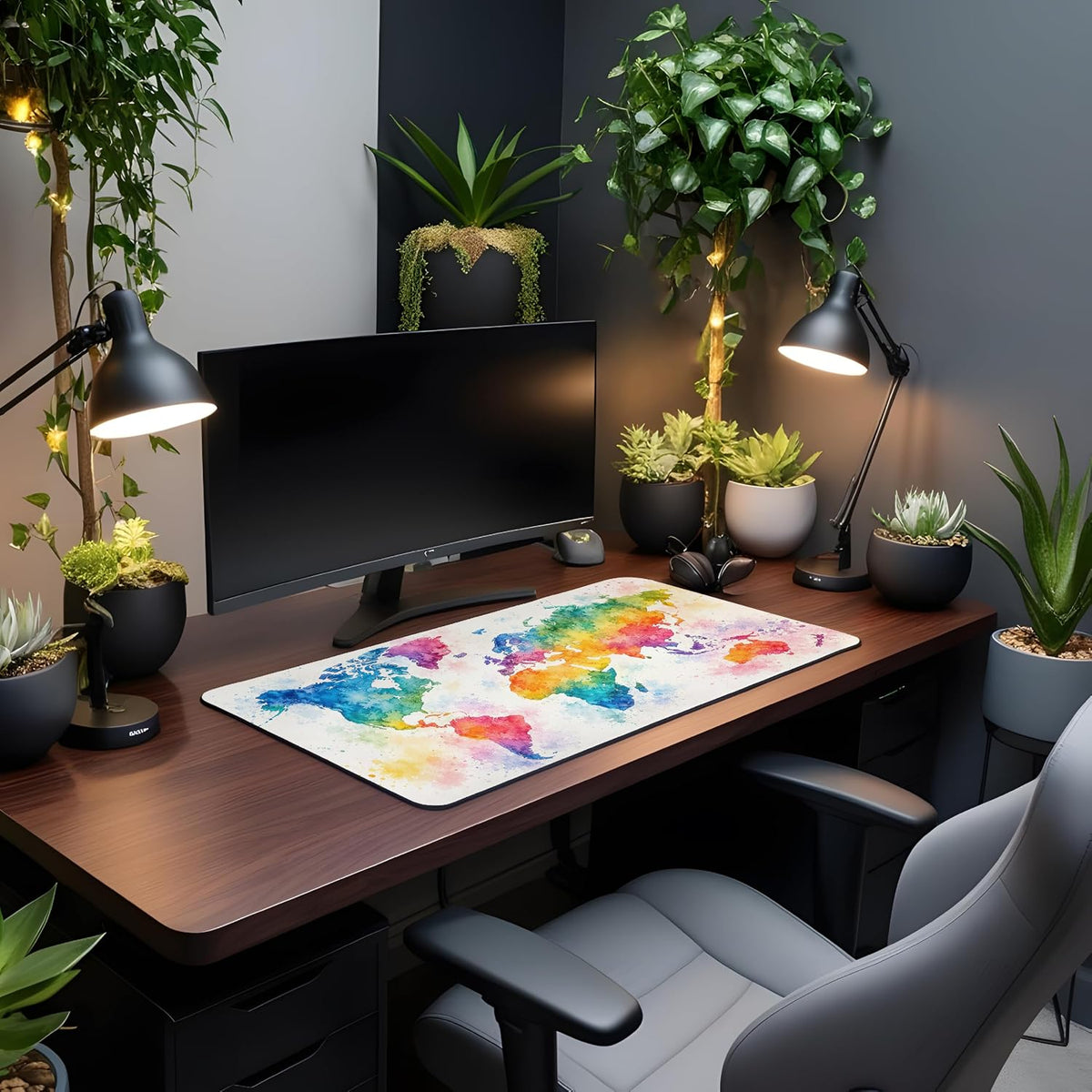 World Map Watercolour Large Desk Mat – Colourful Art Fabric Mouse Pad with 3mm Non-Slip Rubber Base, 600 x 350mm (watercolour)