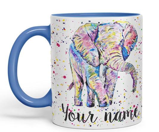 Vixar Personalised with Your Text Elephant Forward Facing Wild Animals Watercolour Art Coloured Ceramic Mug Cup Gift 330ml 11oz Custom Work Office Tea Coffee