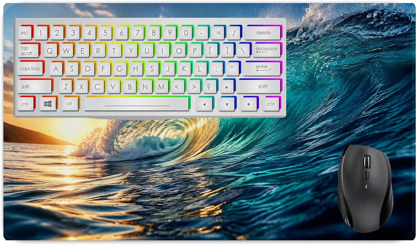 Ocean Wave at Sunset Large Desk Mat – Dramatic Coastal Fabric Mouse Pad with 3mm Non-Slip Rubber Base, 600 x 350mm (Wave)