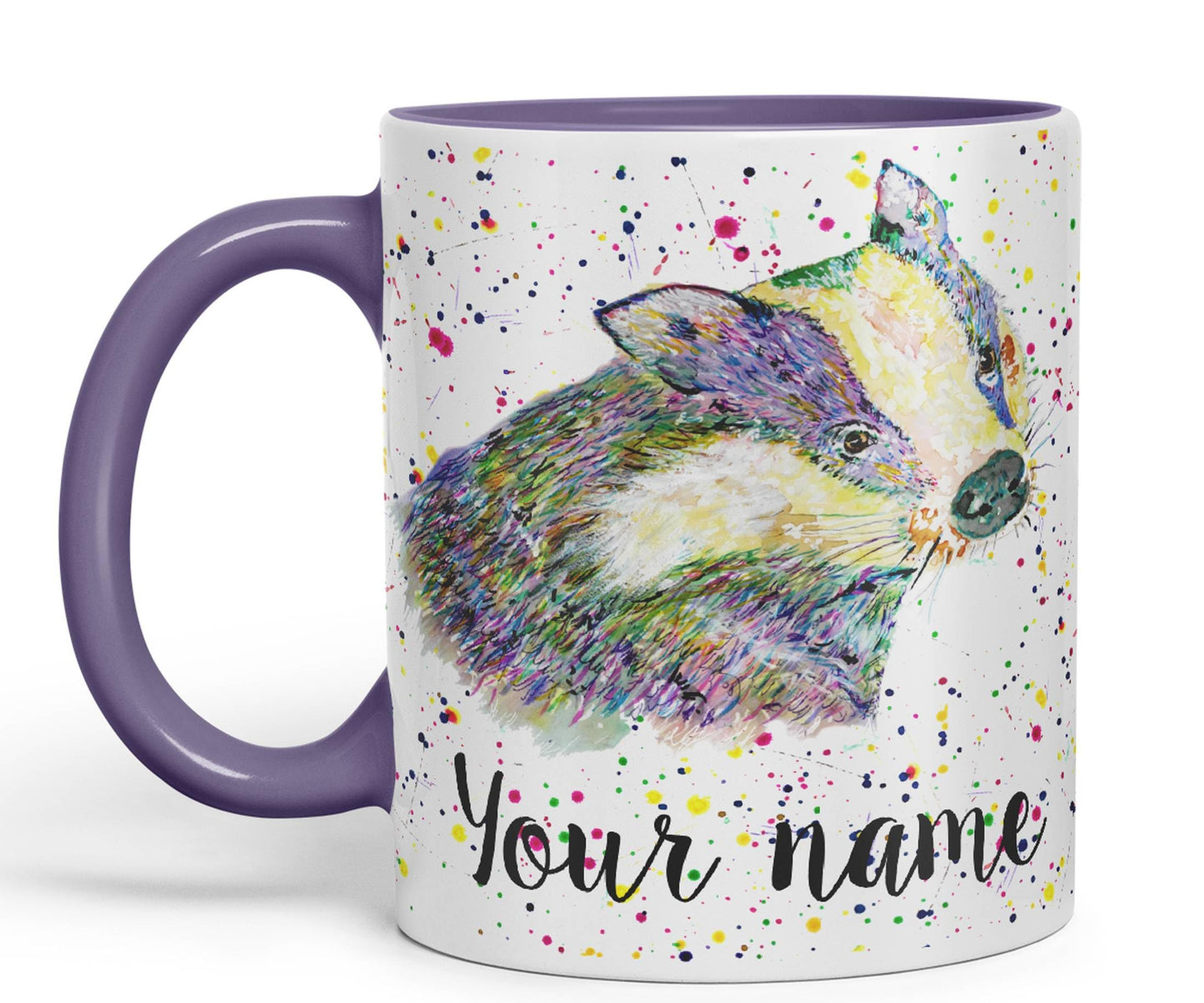 Personalised mug with Your Text name Badger animals Watercolour Art Coloured Ceramic Mug Cup Gift 330ml 11oz Custom Work Office Tea Coffee