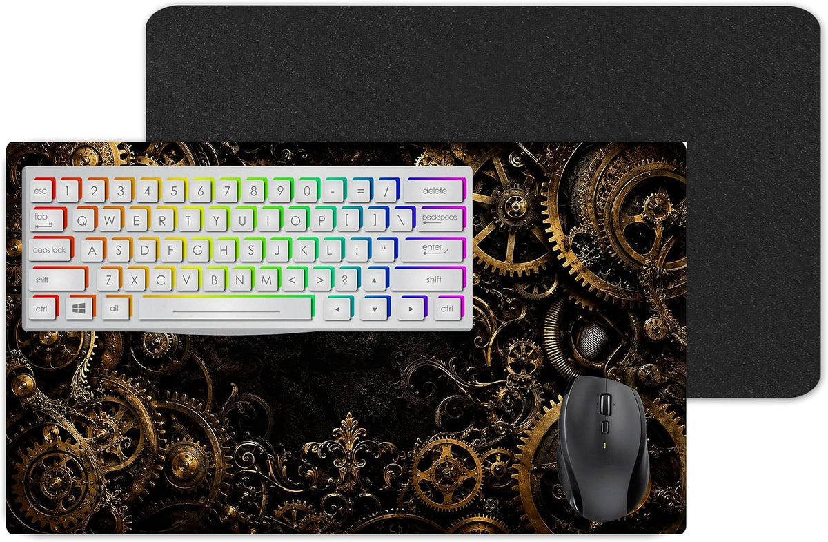 Vixar Gilded Gears Large Desk Mat – Black Gold Steampunk Fabric Mouse Pad with 3mm Non-Slip Rubber Base, 600 x 350mm (T7)
