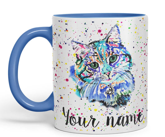 Vixar Personalised with Your Text Blue Cat Kitten Feline Watercolour Art Coloured Ceramic Mug Cup Gift 330ml 11oz Custom Work Office Tea Coffee