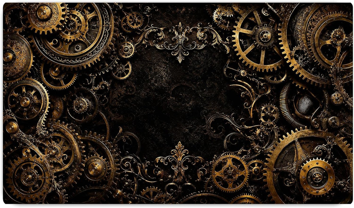 Vixar Gilded Gears Large Desk Mat – Black Gold Steampunk Fabric Mouse Pad with 3mm Non-Slip Rubber Base, 600 x 350mm (T7)