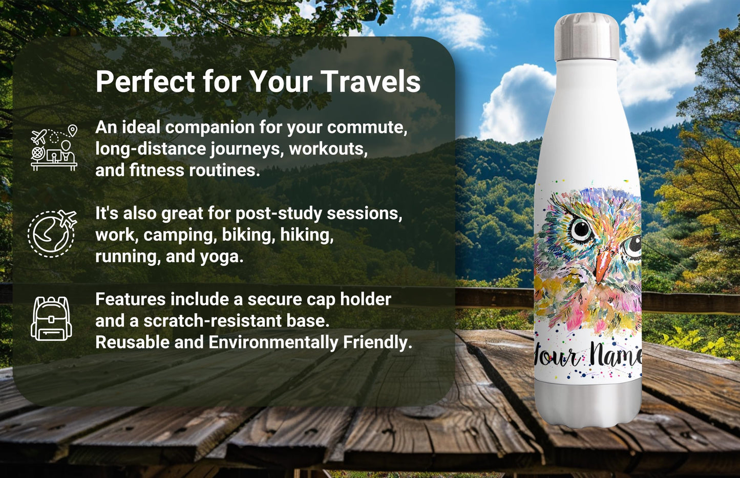 Vixar Owl Personalised Custom Bottle with your Text/name Watercolour owls Bird Animals Bottle Double Wall Insulated Stainless Steel Sport Drinks 500ml V1