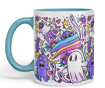 Vixar Hello Cool Kawaii Ghosts Coloured Ceramic Mug Cup Gift 330ml 11oz Work Office Tea Coffee
