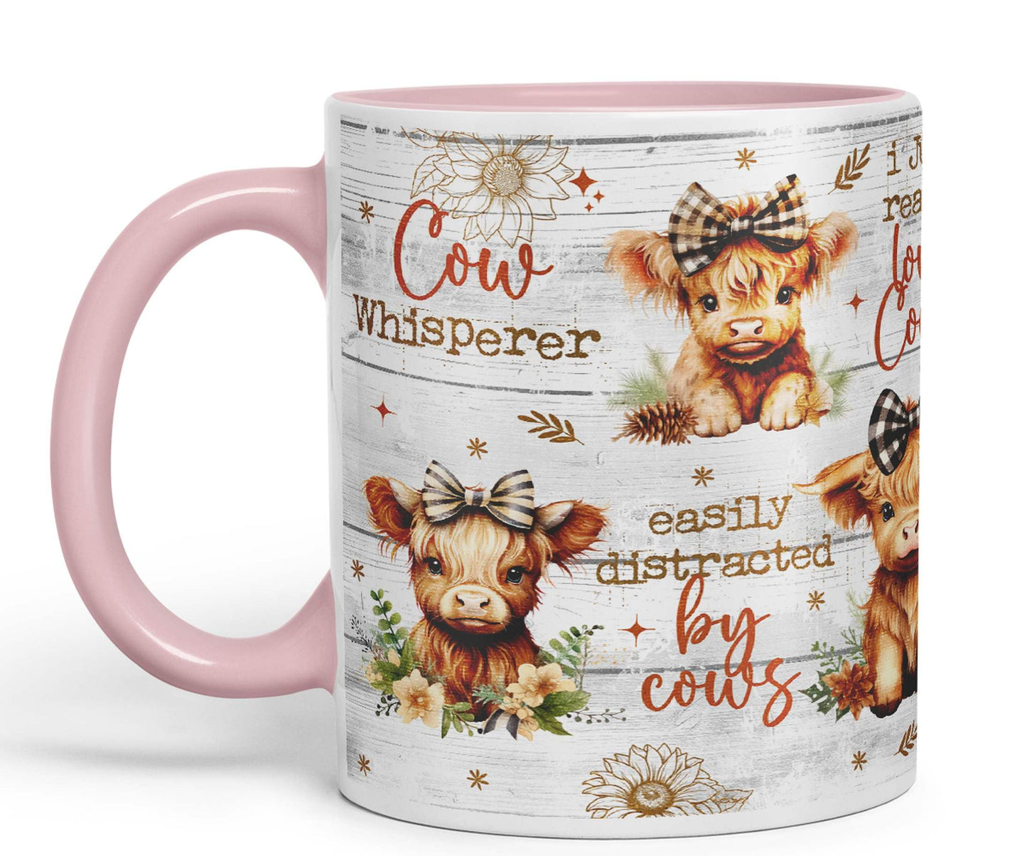 Easily Distracted by Baby Cow Whisperer I just Realy Love Cow Highland Scottish Farm Animals Ceramic Coloured Mug Cup for Tea Coffee Hot Brew 330ml 11Oz Gift