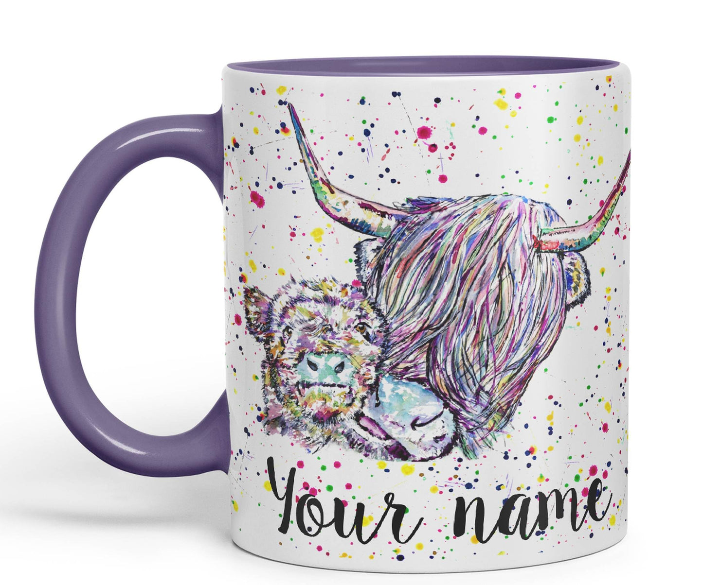 Vixar Personalised with Your Text Highland Cow Scottish with Calf Baby Farm Animals Watercolour Art Coloured Ceramic Mug Cup Gift 330ml 11oz Custom Work Office Tea Coffee