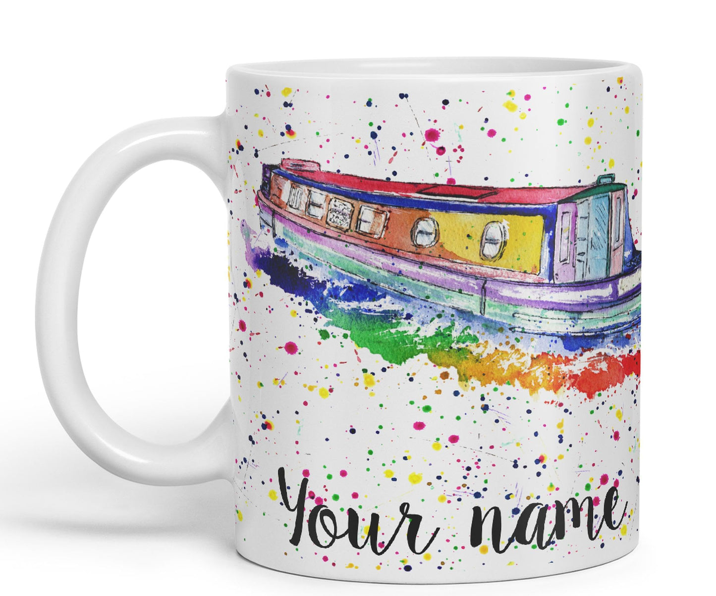 Vixar Personalised with Your Text Narrowboat Canal Boat Watercolour Art Coloured Ceramic Mug Cup Gift 330ml 11oz Custom Work Office Tea Coffee