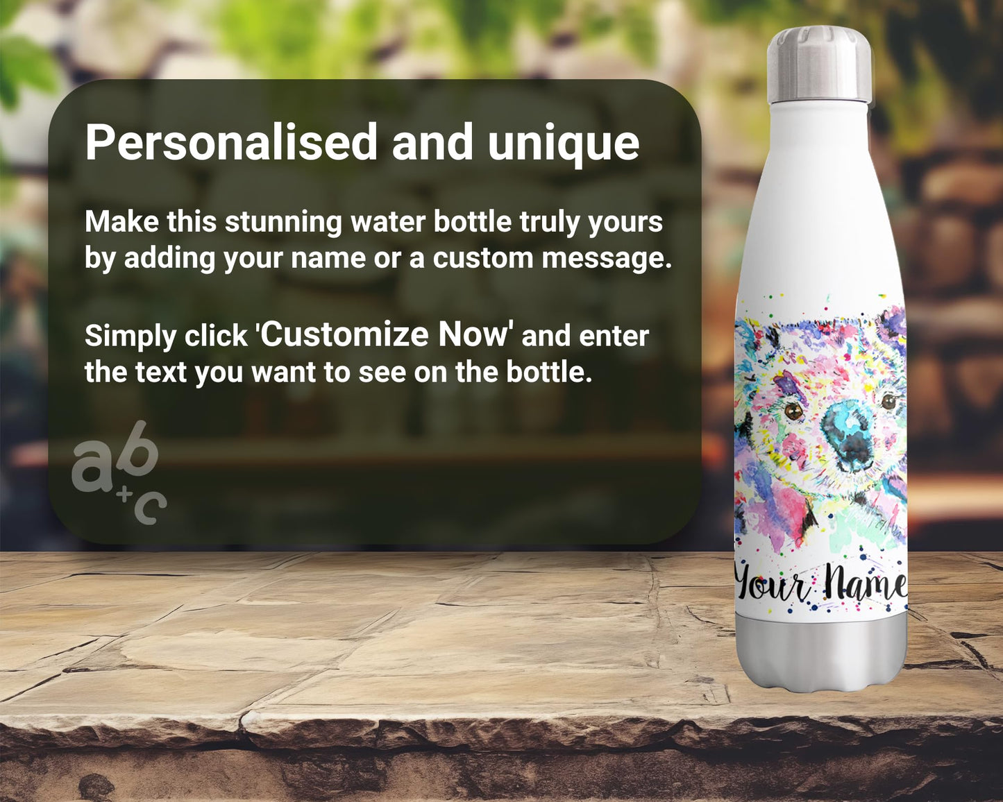 Vixar Koala Personalised Custom Bottle with your Text/name Watercolour Bear Animals Bottle Double Wall Insulated Stainless Steel Sport Drinks 500ml