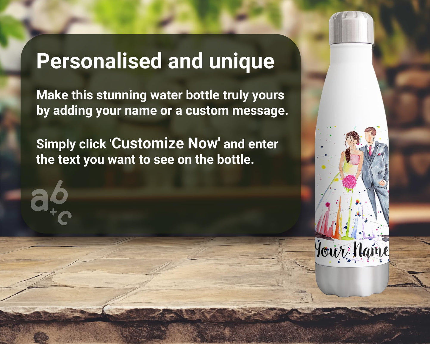 Vixar Wedding Personalised Custom Bottle with your Text/name Mr and Mrs Bride and Groom Watercolour Bottle Double Wall Insulated Stainless Steel Sport Drinks 500ml