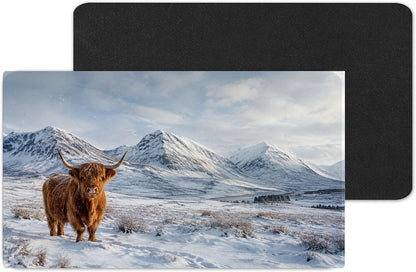Vixar Highland Cow Snowy Mountains Large Desk Mat – Scottish Winter Fabric Mouse Pad with 3mm Non-Slip Rubber Base, 600 x 350mm (Snowy Mountains Highland Cow)