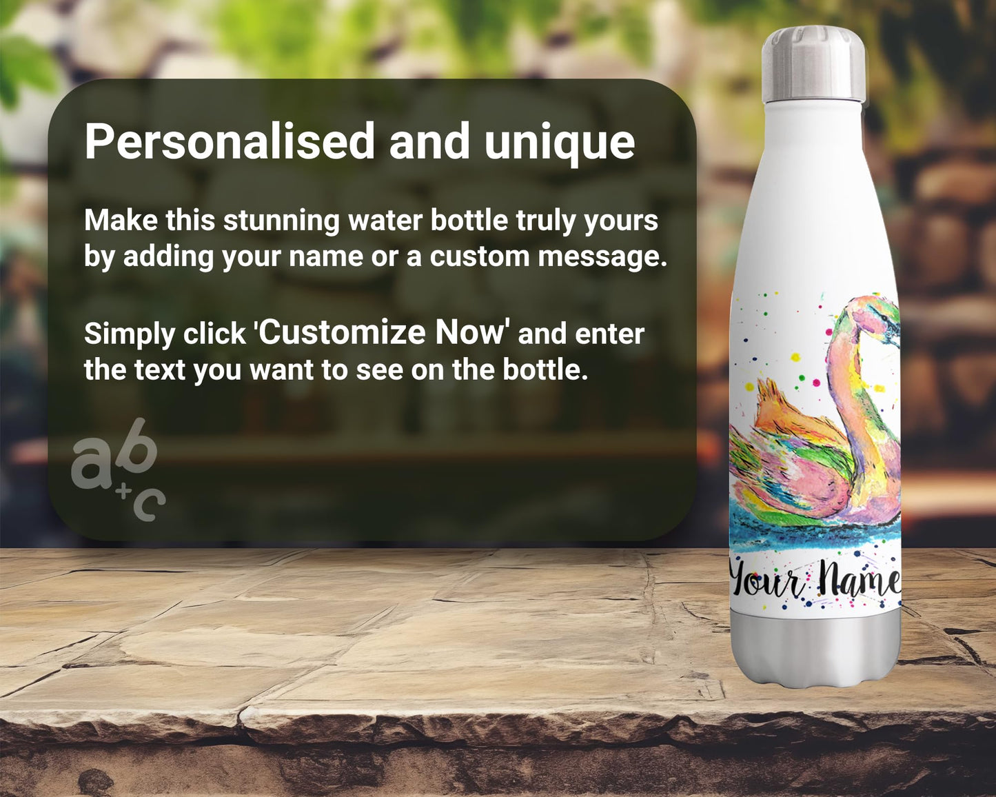 Swan Personalised Custom Bottle with Your Text/Name Watercolour majectic Bird Animals Bottle Double Wall Insulated Stainless Steel Sport Drinks 500ml