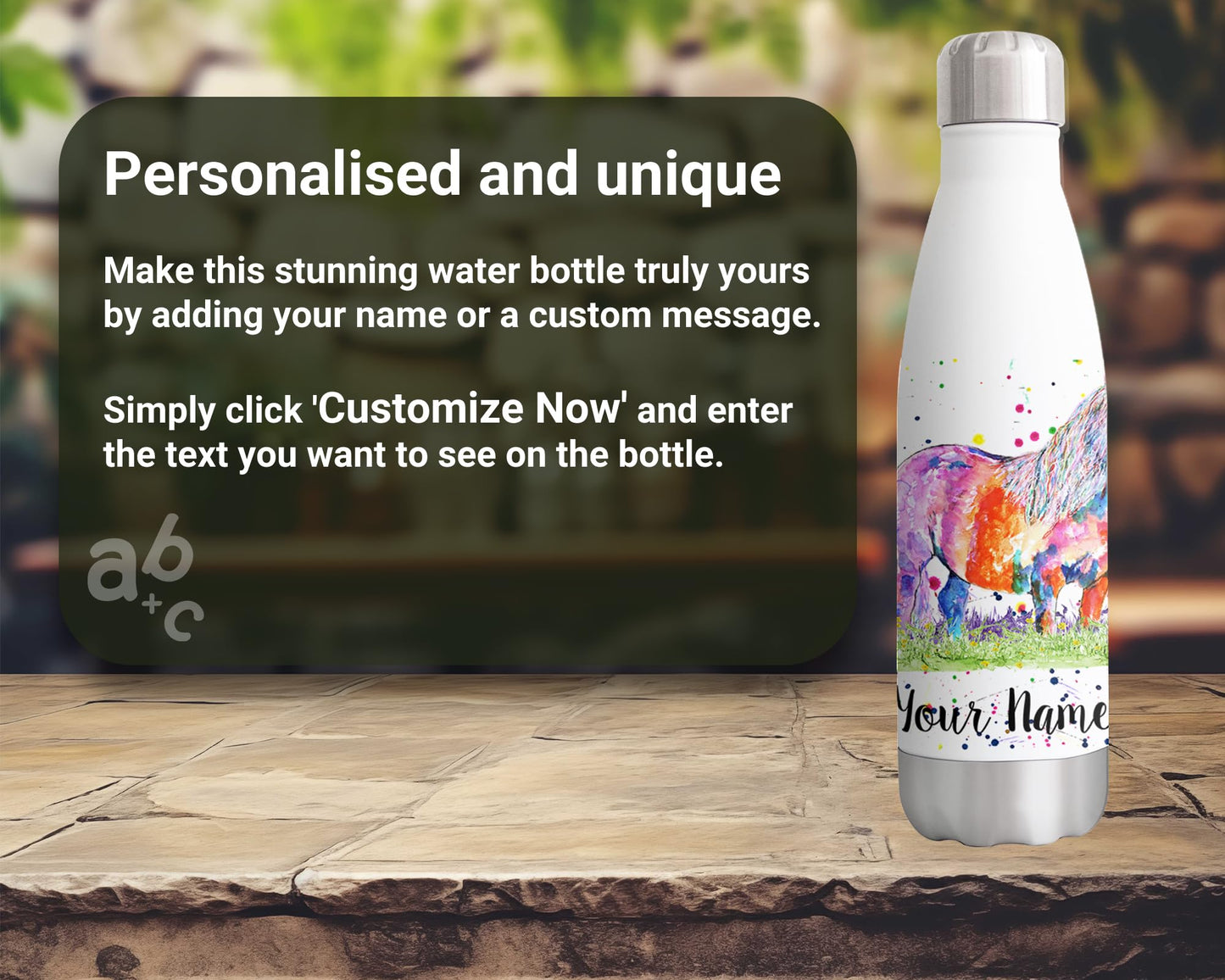 Vixar Shetland Pony Personalised Custom Bottle with your Text/name Watercolour Horse Farm Animals Bottle Double Wall Insulated Stainless Steel Sport Drinks 500ml