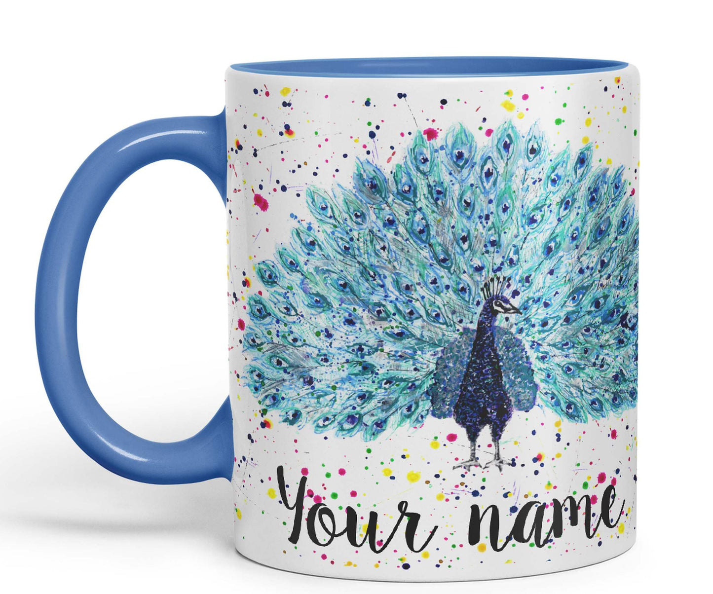 Vixar Personalised with Your Text Peacock Peafowl Bird Watercolour Art Coloured Ceramic Mug Cup Gift 330ml 11oz Custom Work Office Tea Coffee (O2)