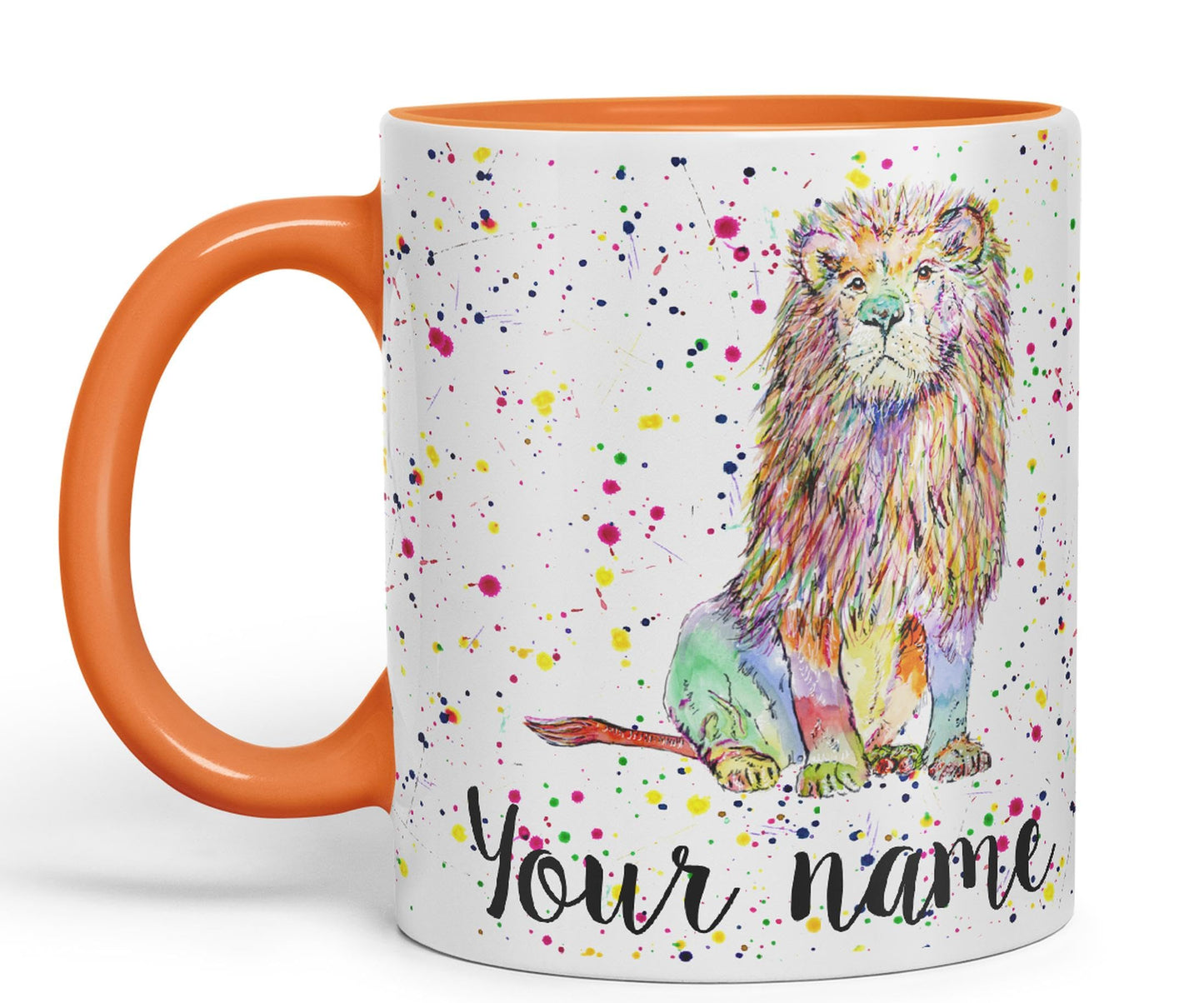 Vixar Personalised with Your Text Lion Cat King Safari Animals Watercolour Art Coloured Ceramic Mug Cup Gift 330ml 11oz Custom Work Office Tea Coffee