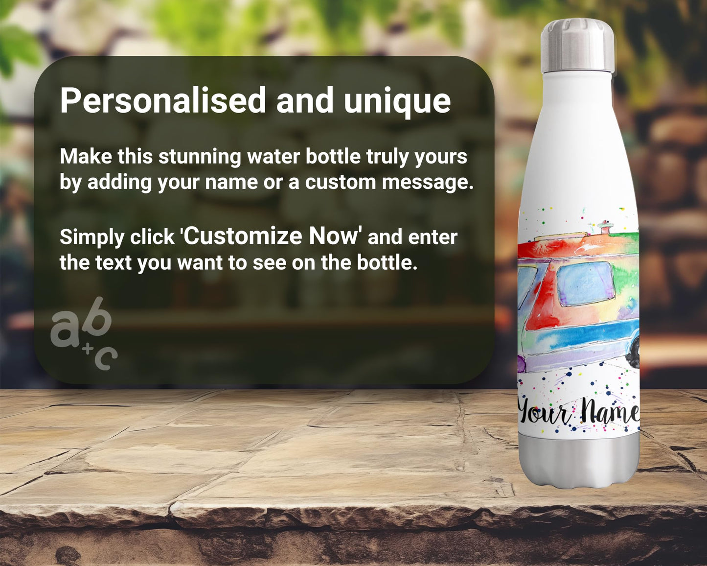 Vixar Touring Personalised Custom Bottle with your Text/name Watercolour holiday caravan Bottle Double Wall Insulated Stainless Steel Sport Drinks 500ml