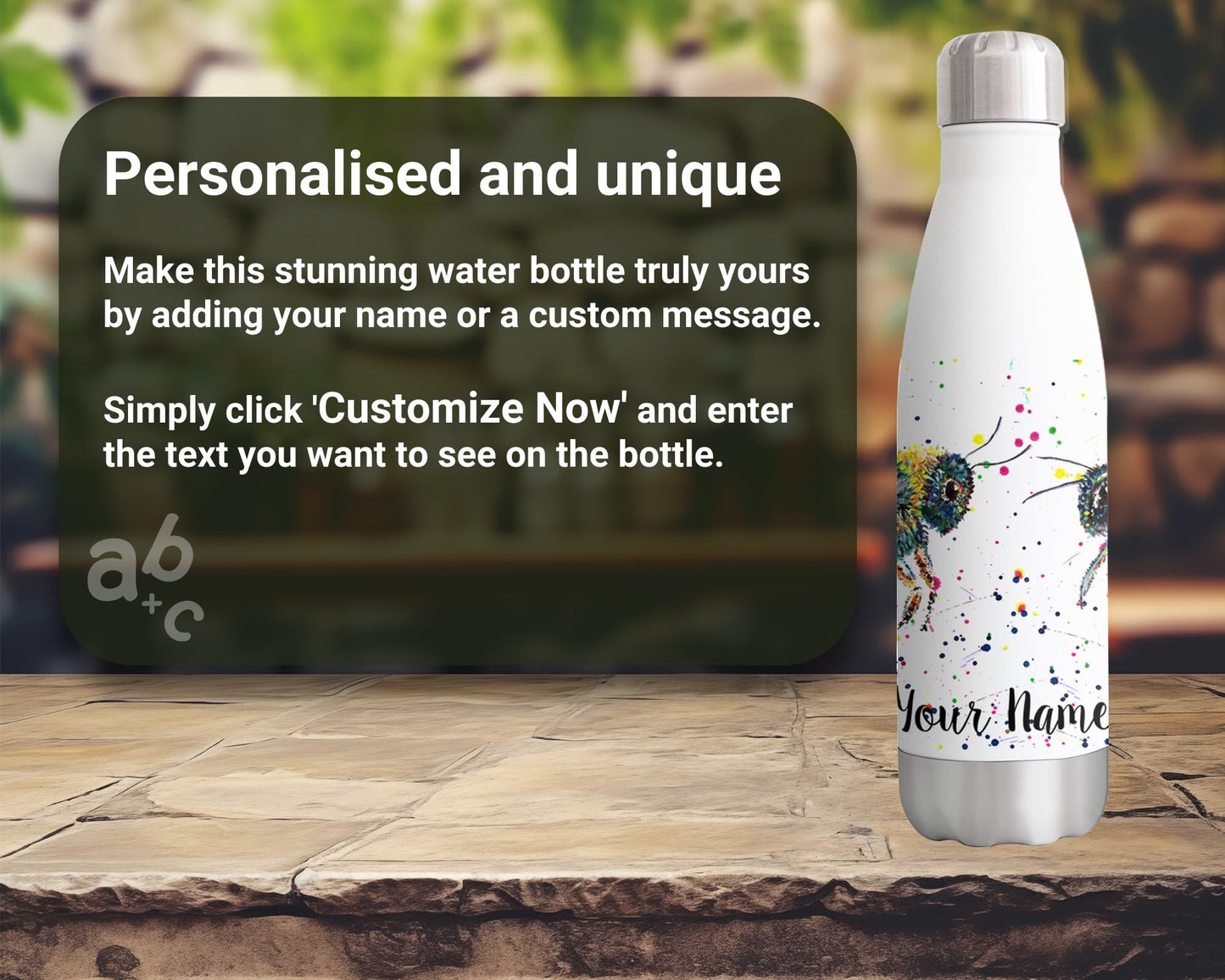 Bees Bee Personalised Custom Bottle with Your Text/Name Honetcomb wildlifeWatercolour Animals Bottle Double Wall Insulated Stainless Steel Sport Drinks 500ml