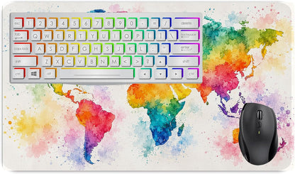 World Map Watercolour Large Desk Mat – Colourful Art Fabric Mouse Pad with 3mm Non-Slip Rubber Base, 600 x 350mm (watercolour)