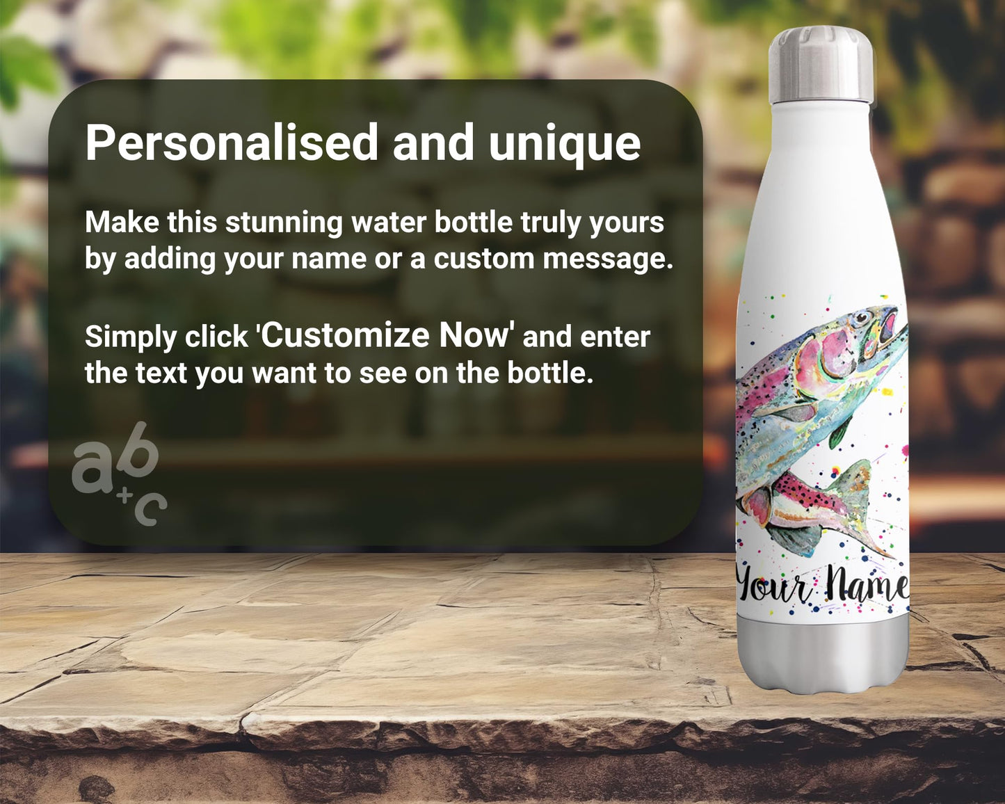 Vixar Trout Personalised Custom Bottle with your Text/name fish fishing dad grandad gift animals Watercolour Bottle Double Wall Insulated Stainless Steel Sport Drinks 500ml