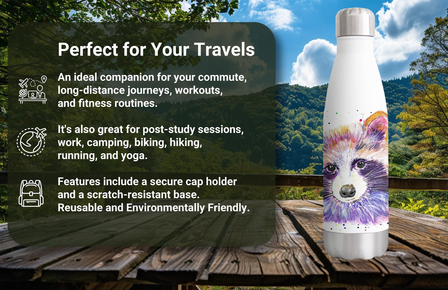 Vixar Racoon wildlife Animals Watercolour Bottle double Wall insulated Stainless steel sport Drinks 500ml