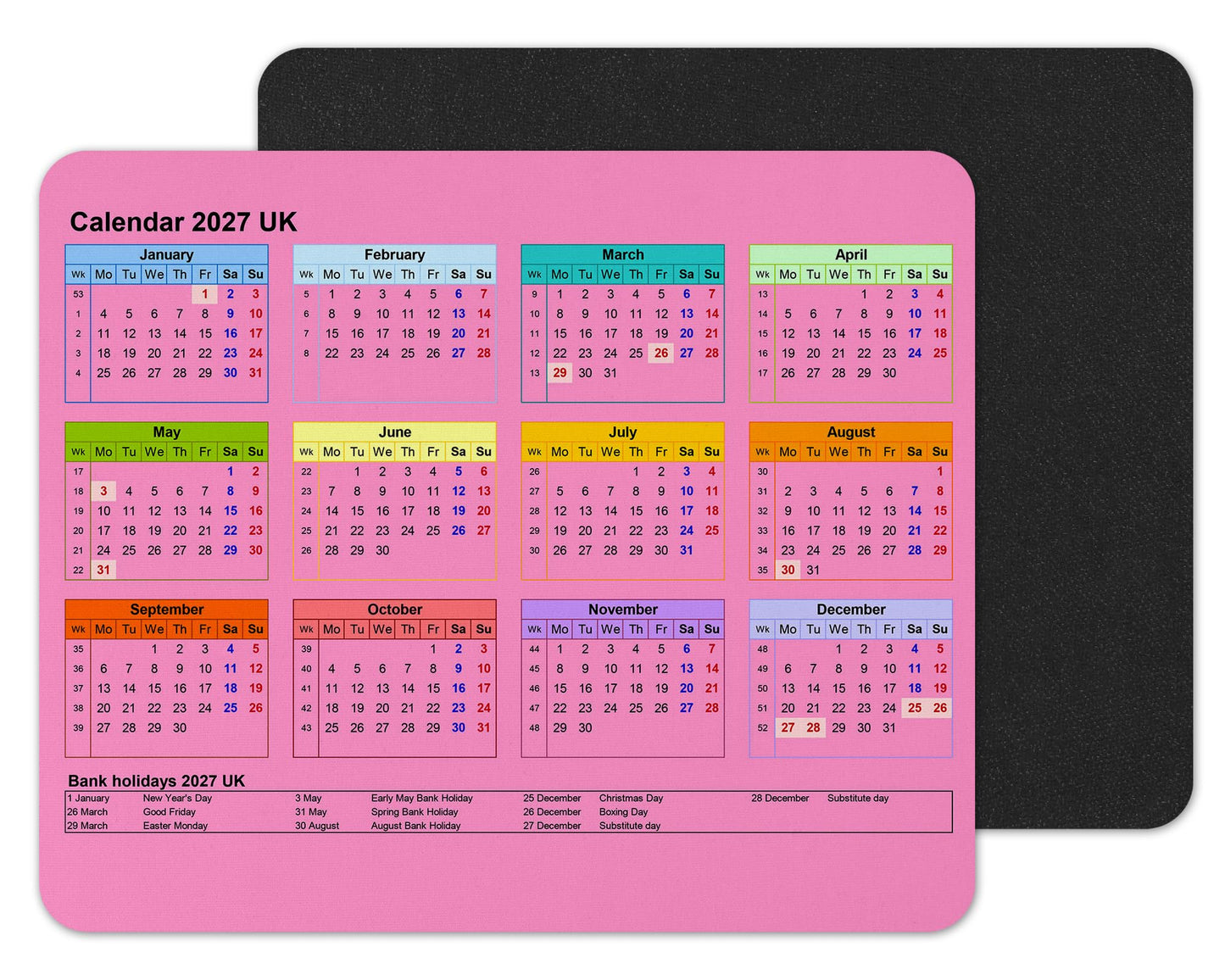 Vixar Calendar 2027 Mouse mat pad for UK with Holiday Non Slip PC Desktop Laptop for office school work home (White)