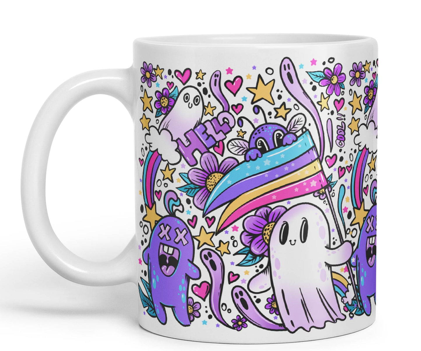 Vixar Hello Cool Kawaii Ghosts Coloured Ceramic Mug Cup Gift 330ml 11oz Work Office Tea Coffee