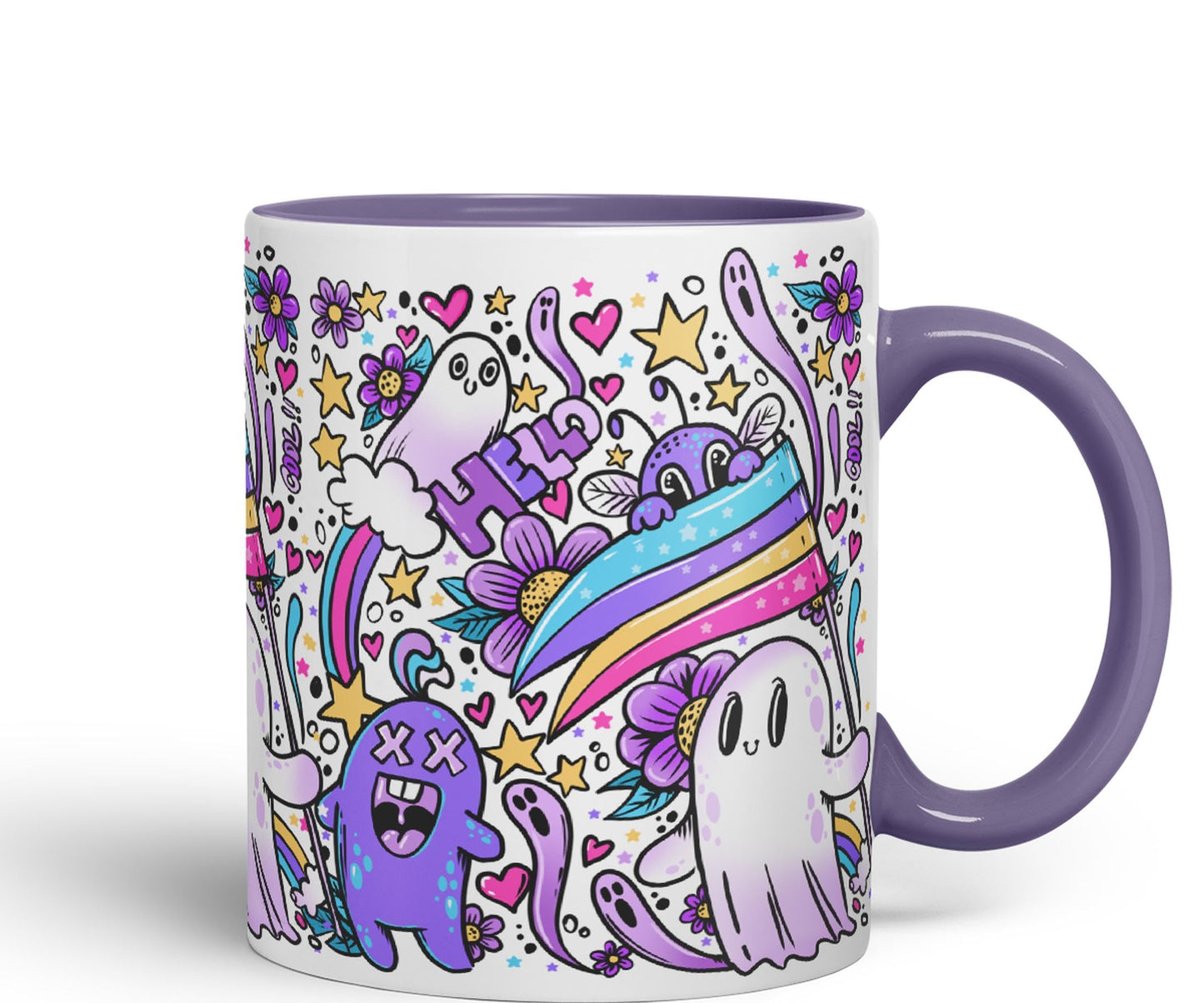 Vixar Hello Cool Kawaii Ghosts Coloured Ceramic Mug Cup Gift 330ml 11oz Work Office Tea Coffee
