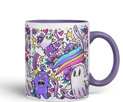 Vixar Hello Cool Kawaii Ghosts Coloured Ceramic Mug Cup Gift 330ml 11oz Work Office Tea Coffee
