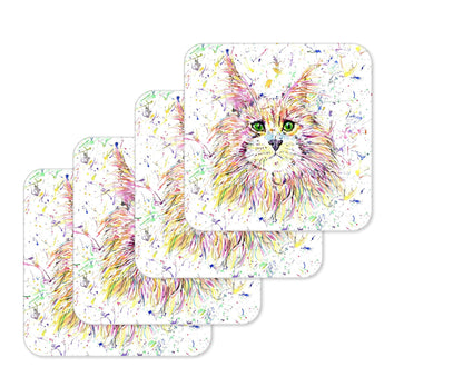 Coaster Maine Coon Cat Hand Painted Kitten Animals Coasters Watercolour Art Gift Work Office Dining Tea coffee