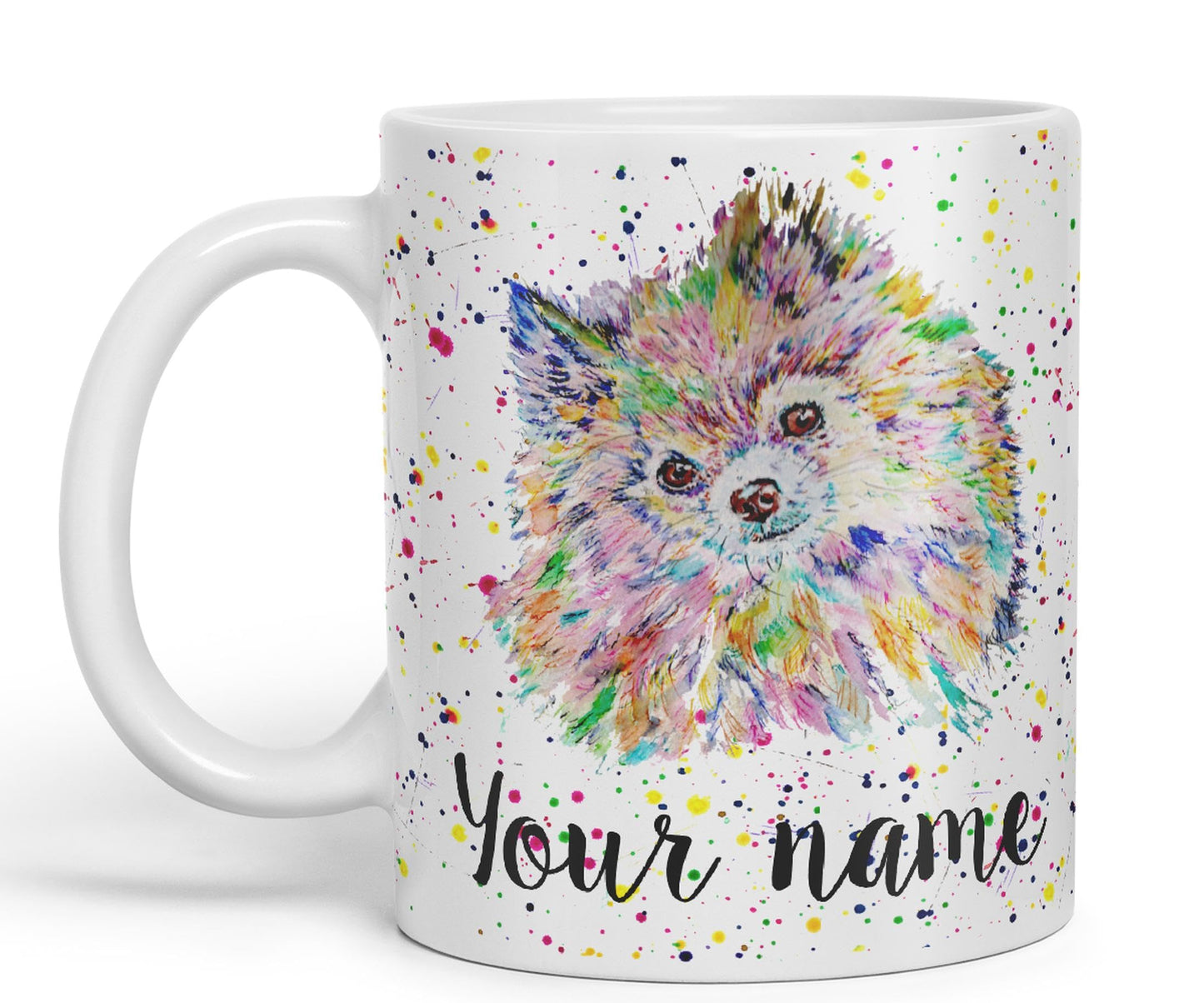 Personalised mug with Your Text name Pomeranian dog Pet animals Watercolour Art Coloured Ceramic Mug Cup Gift 330ml 11oz Custom Work Office Tea Coffee