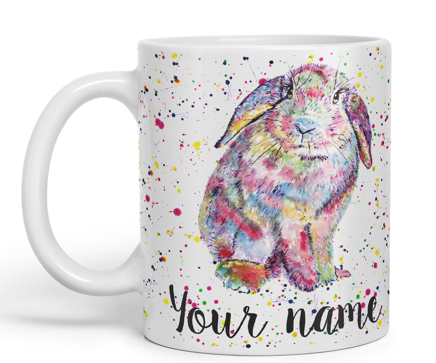 Vixar Personalised with Your Text Lop Rabbit Bunny Eared Watercolour Art Coloured Ceramic Mug Cup Gift 330ml 11oz Custom Work Office Tea Coffee