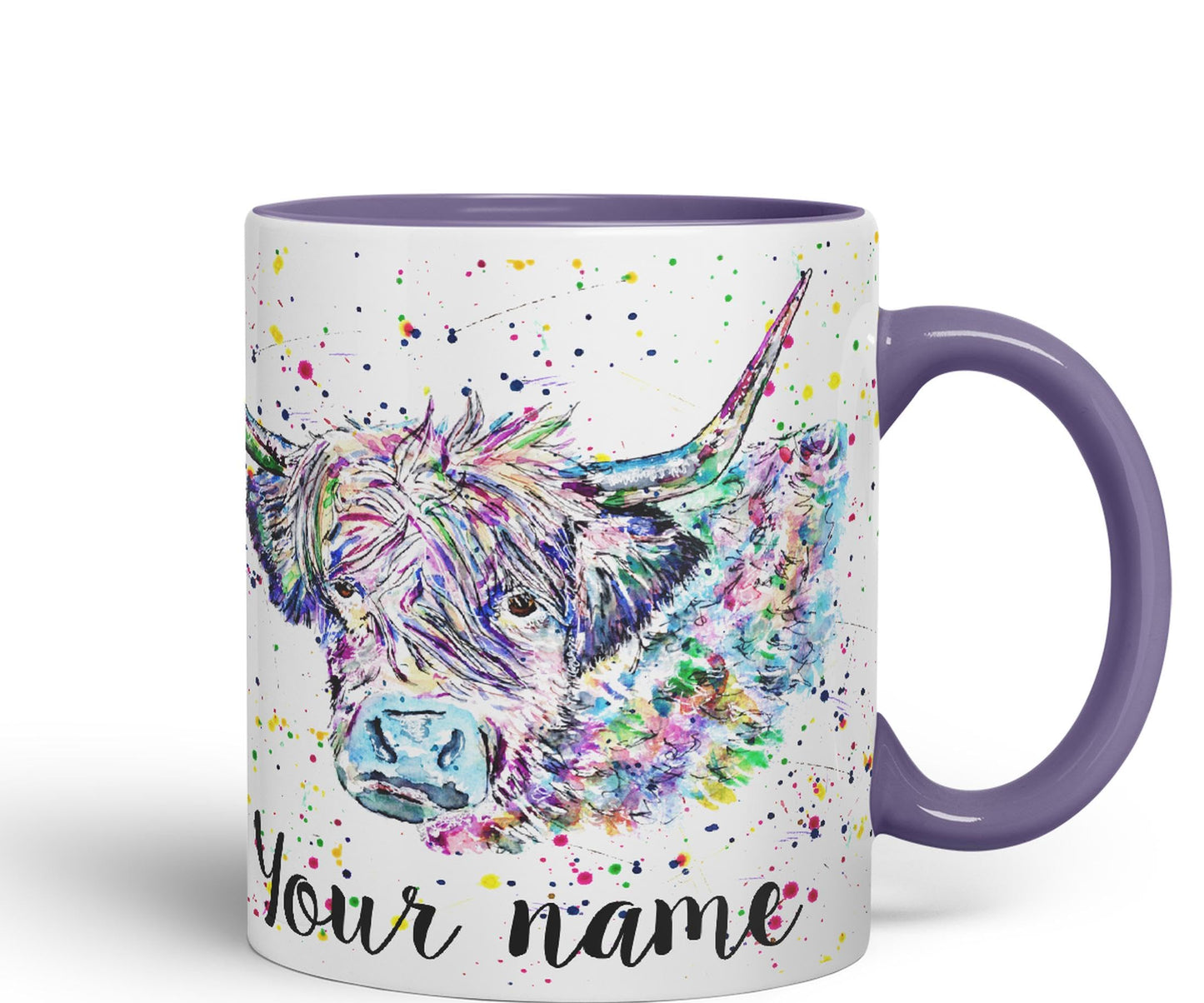 Vixar Personalised with Your Text Highland Cow Scottish Farm Animals Watercolour Art Coloured Mug Cup Gift Birthday Custom Work Office Tea Coffee (P02)