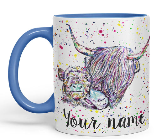 Vixar Personalised with Your Text Highland Cow Scottish with Calf Baby Farm Animals Watercolour Art Coloured Ceramic Mug Cup Gift 330ml 11oz Custom Work Office Tea Coffee