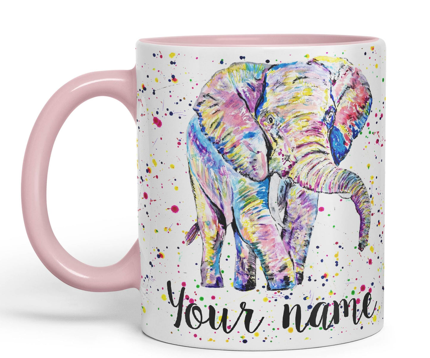 Vixar Personalised with Your Text Elephant Forward Facing Wild Animals Watercolour Art Coloured Ceramic Mug Cup Gift 330ml 11oz Custom Work Office Tea Coffee