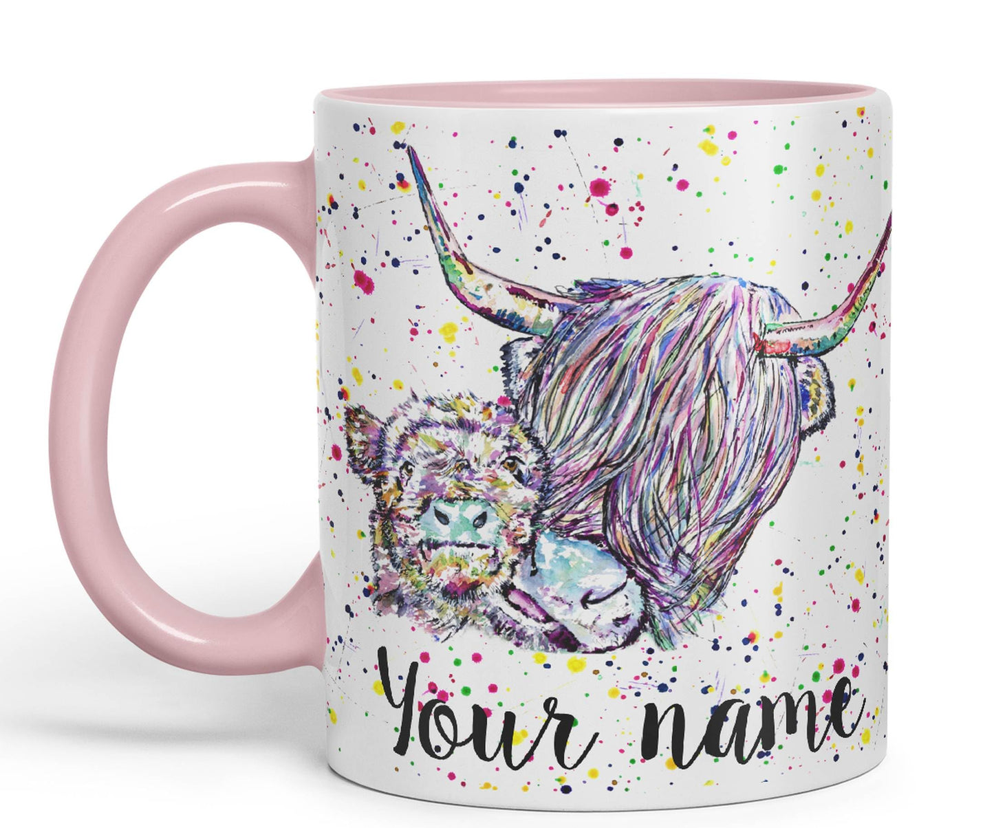 Vixar Personalised with Your Text Highland Cow Scottish with Calf Baby Farm Animals Watercolour Art Coloured Ceramic Mug Cup Gift 330ml 11oz Custom Work Office Tea Coffee