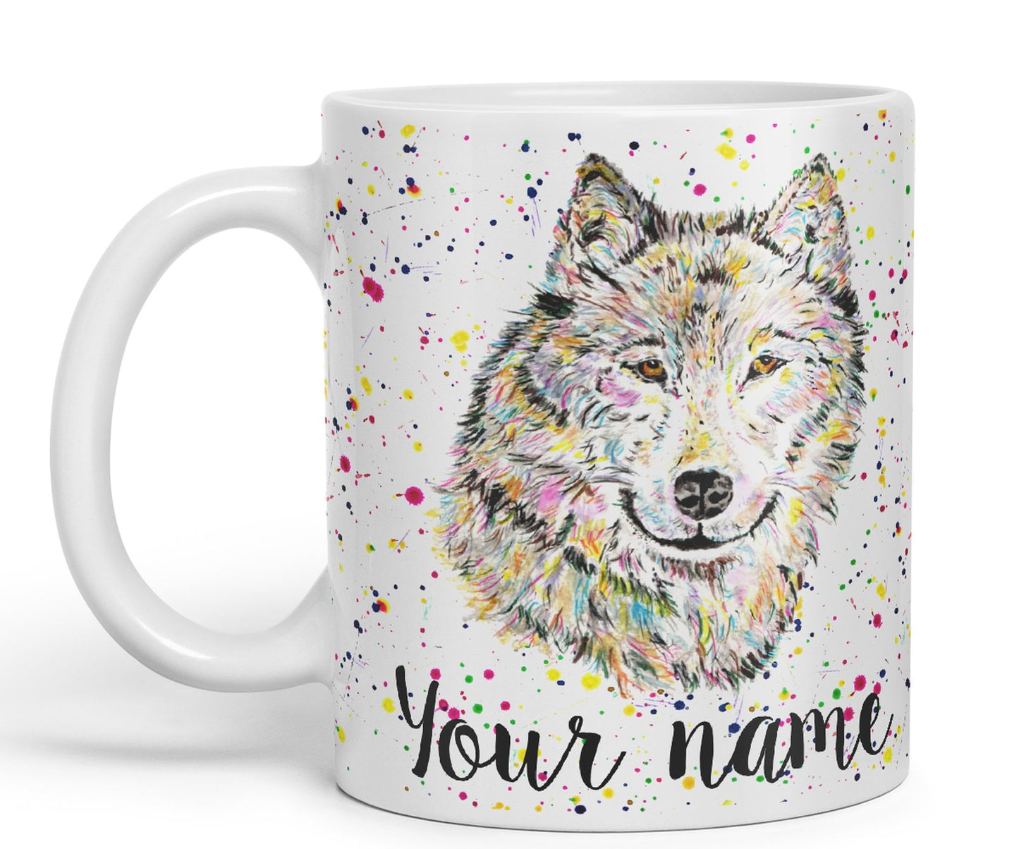 Vixar Personalised with Your Text Wolf Wolves Wildlife Animals Watercolour Art Coloured Ceramic Mug Cup Gift 330ml 11oz Custom Work Office Tea Coffee (O2)