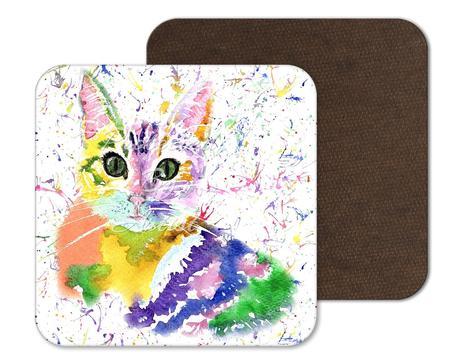 Coaster Cat Kitten Feline Pet Animals Coasters Watercolour Art Gift Work Office Dining Tea coffee