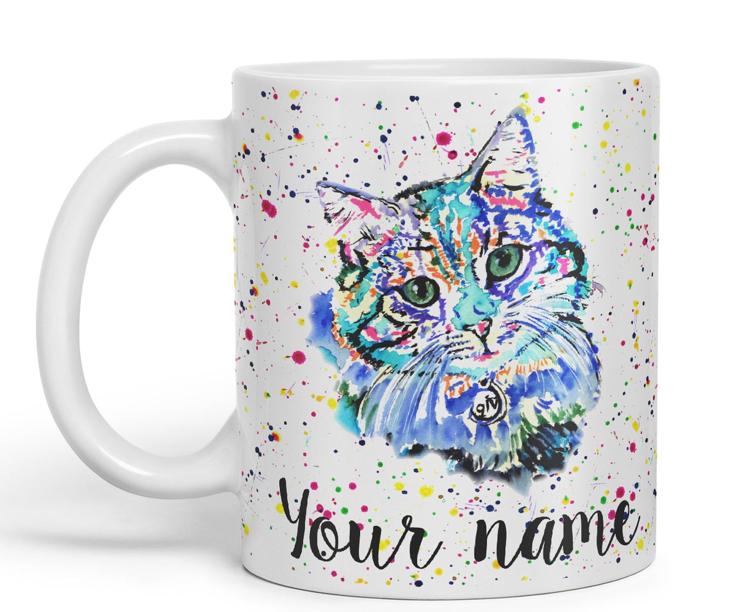 Vixar Personalised with Your Text Blue Cat Kitten Feline Watercolour Art Coloured Ceramic Mug Cup Gift 330ml 11oz Custom Work Office Tea Coffee