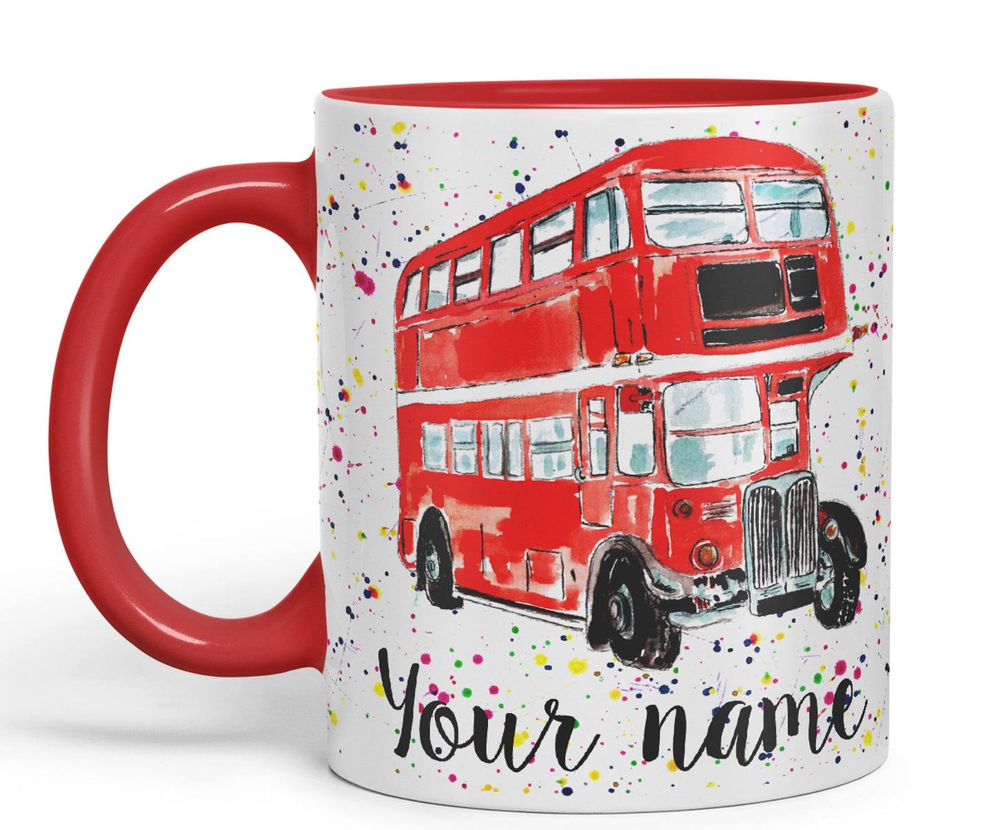 Vixar Personalised with Your Text Red Bus Classic London Busses Watercolour Art Coloured Ceramic Mug Cup Gift 330ml 11oz Custom Work Office Tea Coffe