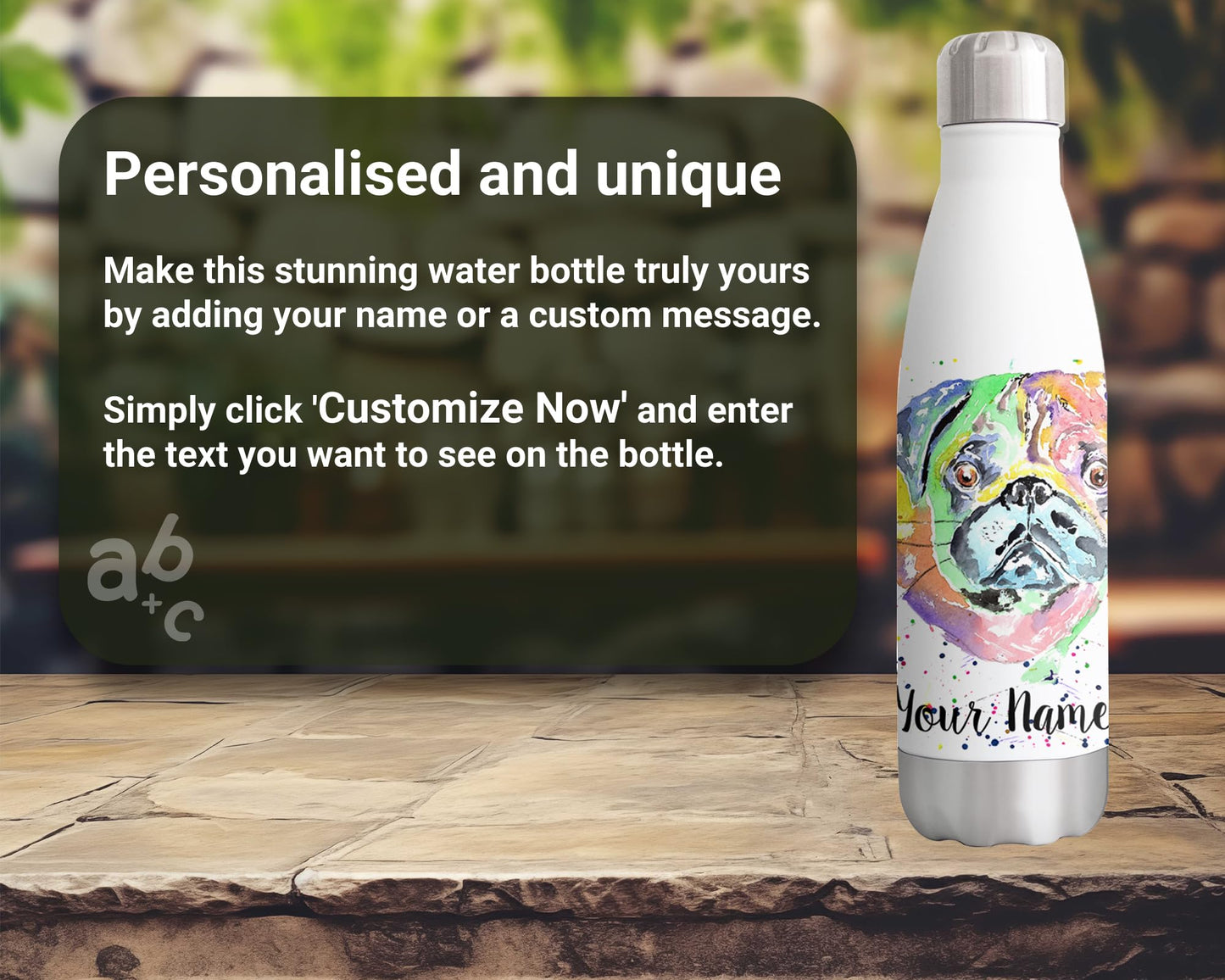 Vixar Pug Personalised Custom Bottle with your Text/name Chinese dog petWatercolour Bottle Double Wall Insulated Stainless Steel Sport Drinks 500ml