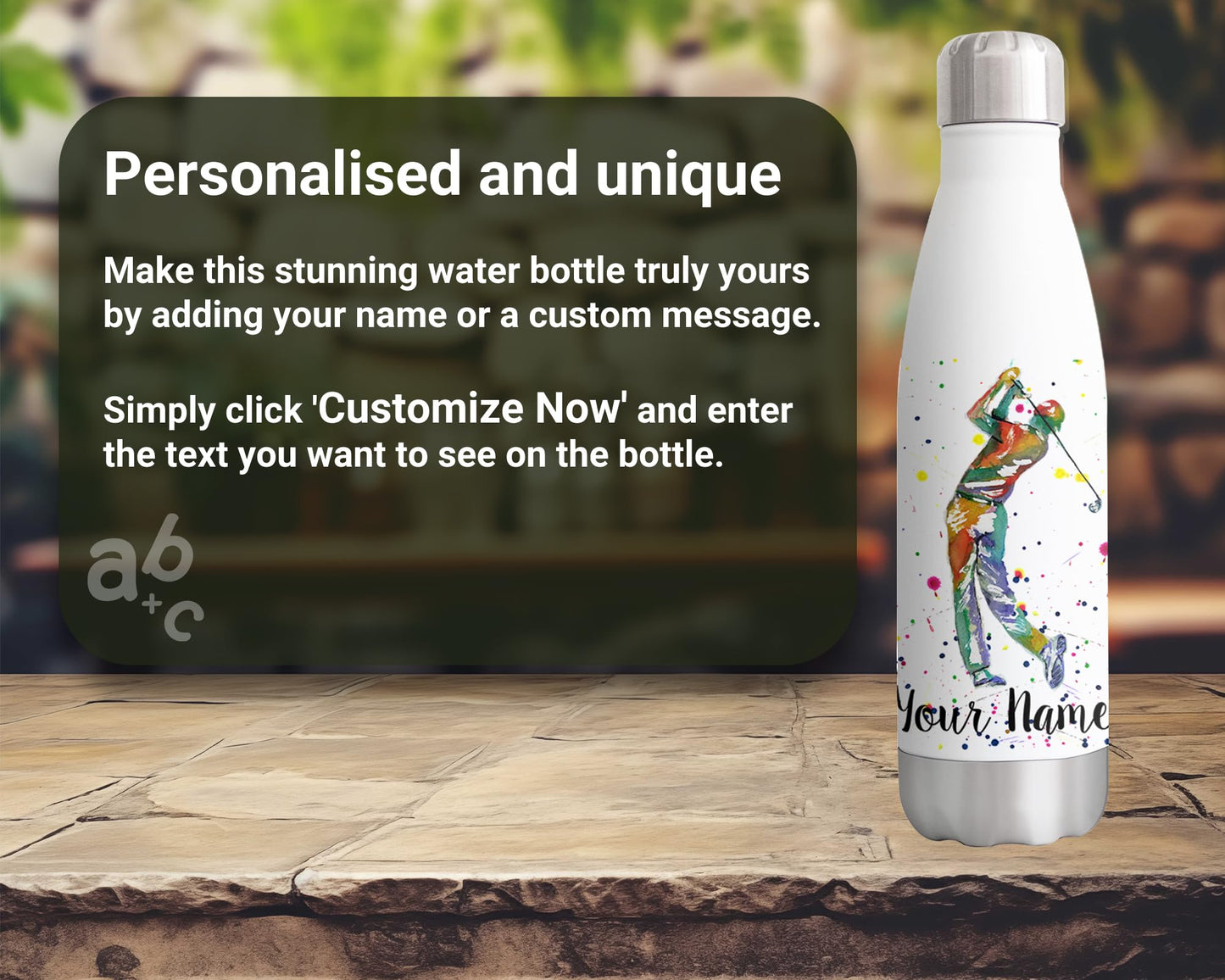 Vixar Golfer Personalised Custom Bottle with your Text/name Golf sport Watercolour Bottle Double Wall Insulated Stainless Steel Sport Drinks 500ml