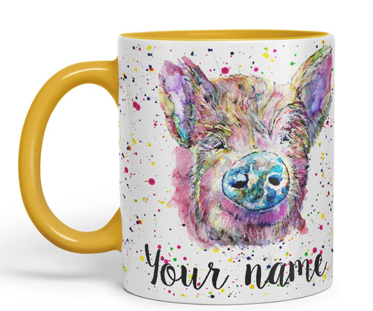 Vixar Personalised with Your Text Pig hog Pork Farm Animal Watercolour Art Coloured Ceramic Mug Cup Gift 330ml 11oz Custom Work Office Tea Coffee (O2)