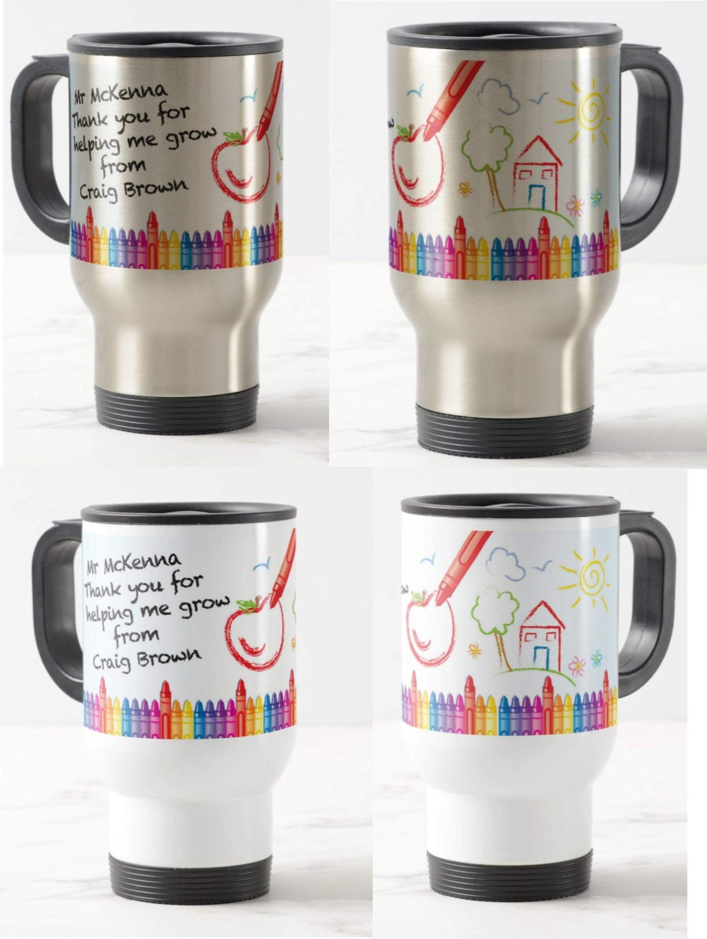 Vixar Teacher Travel Mug - Thank You, Personalised Mug Customised with Name, Crayons, Teacher Gift from Kids, School Gift