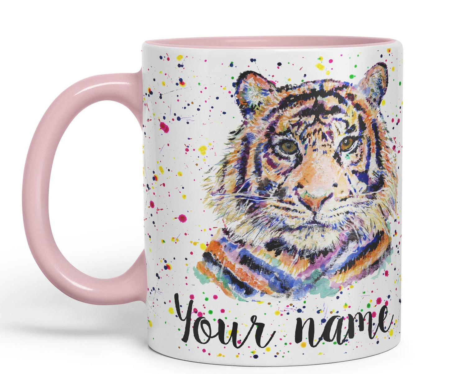 Vixar Personalised with Your Text Tiger Cat Safari Animals Watercolour Art Coloured Ceramic Mug Cup Gift 330ml 11oz Custom Work Office Tea Coffee (O2)