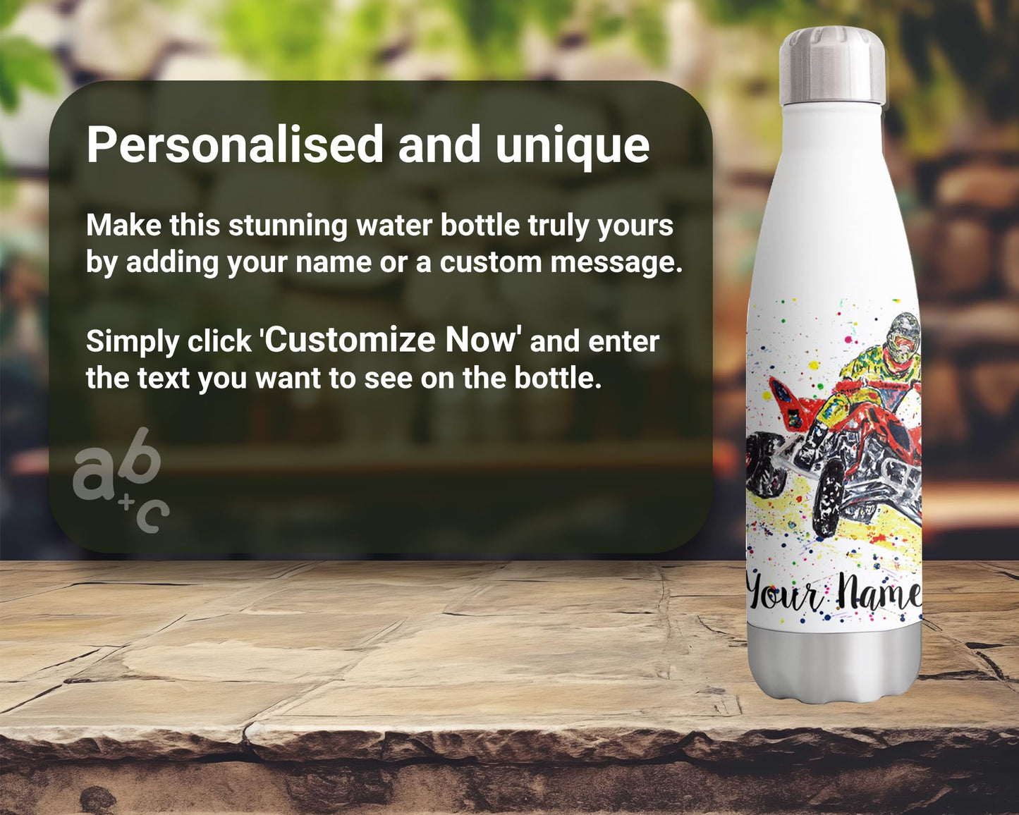 Vixar Quad Motor bike Personalised Custom Bottle with your Text/name motocross watercolour Bottle Double Wall Insulated Stainless Steel Sport Drinks 500ml